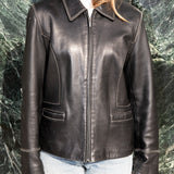 Vintage Zip Front Black Leather Stitched Jacket