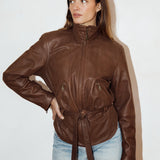 Vintage Chocolate Brown Leather Jacket with Tie Waist