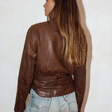 Vintage Chocolate Brown Leather Jacket with Tie Waist
