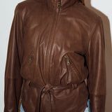 Vintage Chocolate Brown Leather Jacket with Tie Waist