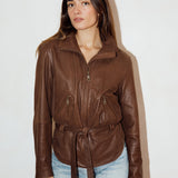 Vintage Chocolate Brown Leather Jacket with Tie Waist