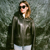 Vintage Zip Front Black Leather Stitched Jacket