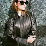 Vintage Zip Front Black Leather Stitched Jacket